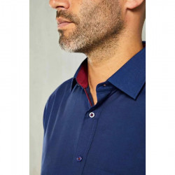 4074- Navy Cotton Shirt with Wine Contrast