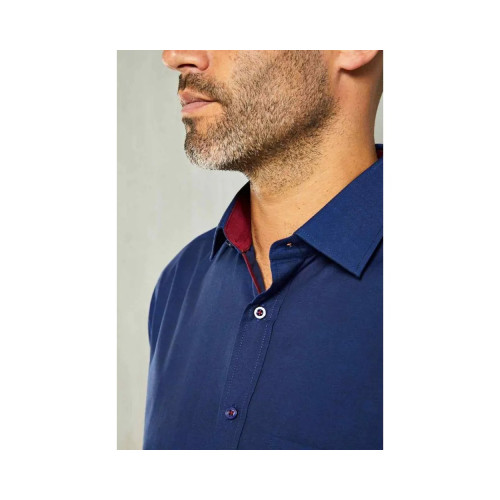 4074- Navy Cotton Shirt with Wine Contrast